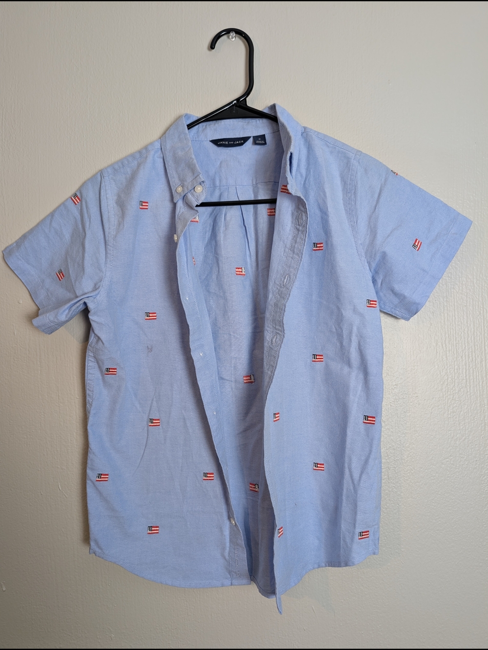 Janie and Jack Light Blue Short-Sleeve Button-Down with Flag Embroidery